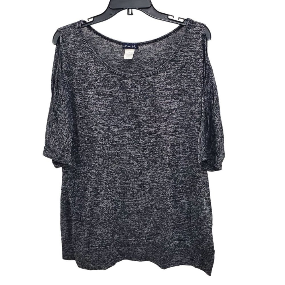 Olivia Blu Women's Gray‎ Black Spacedye Cold Shoulder Knit Shirt Top Size XL